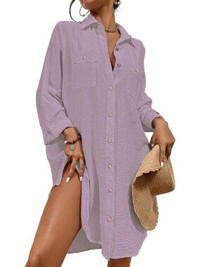 Women Light Purple Polyester Elastane Blouse Button Down Modern Swimsuit Coverup
